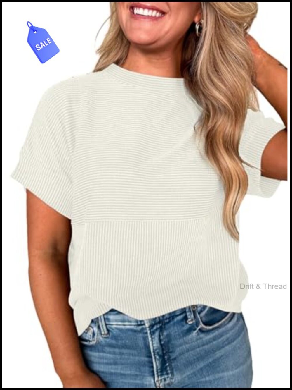 Women's Ribbed Striped Short Sleeve T-Shirt Loose Fit Crewneck Casual Top